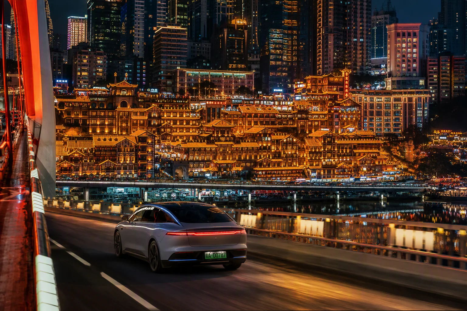 Illuminated riverside buildings in Chongqing at night