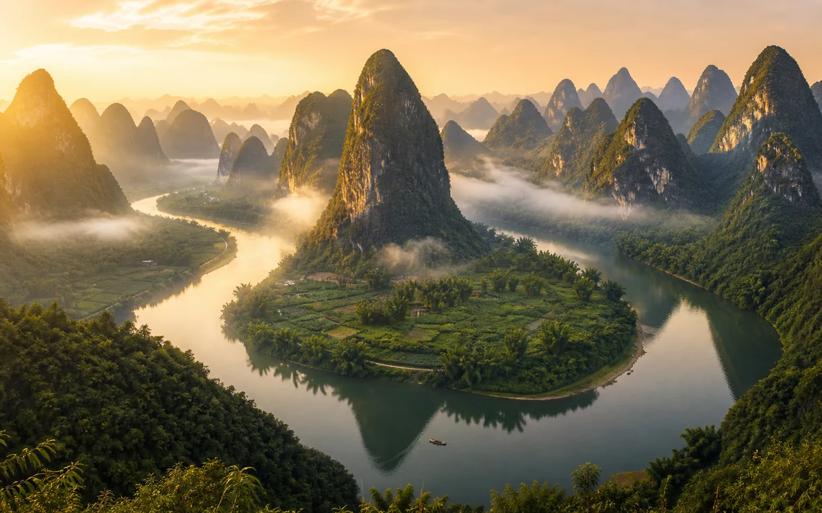 Sunrise over the river and karst mountains near Yangshuo