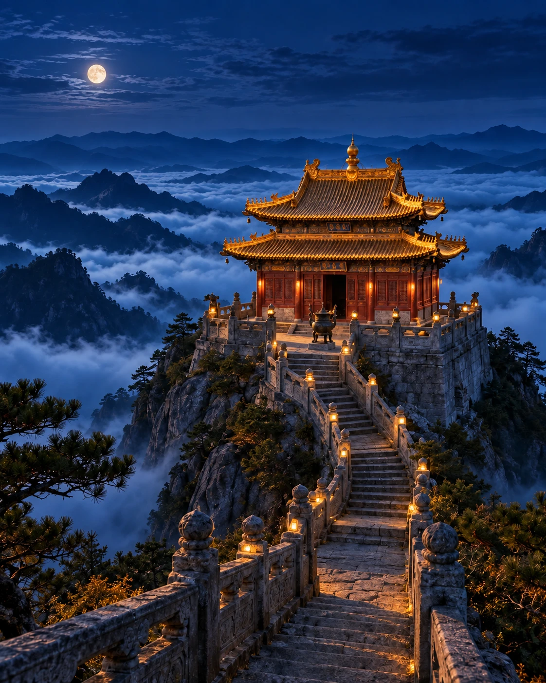 An imagined Chinese golden-roof temple above a sea of mountain clouds