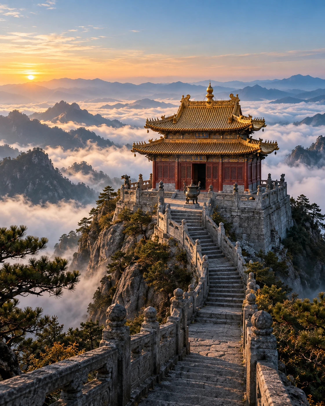 An imagined Chinese golden-roof temple above a sea of mountain clouds