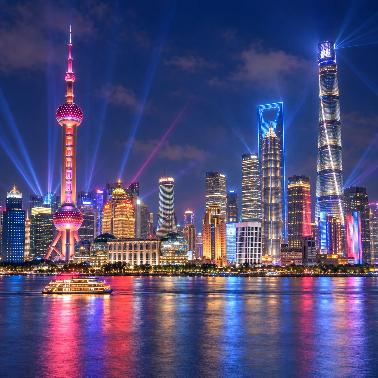 Shanghai’s Oriental Pearl Tower and three landmark skyscrapers illuminated above the Huangpu River